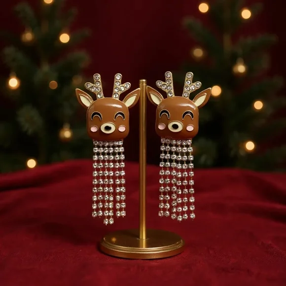 Reindeer Dangle Earrings Brown Gold Clear - Picture 2 of 3